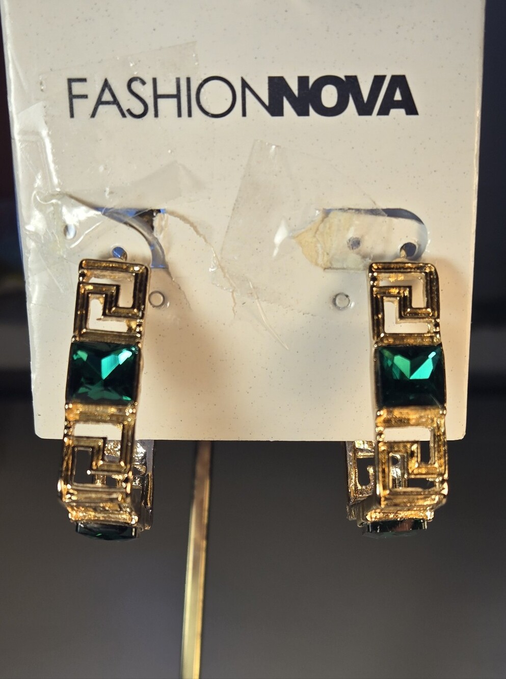 Fashion Nova Gold Hoop Earrings with Emerald Green Gems